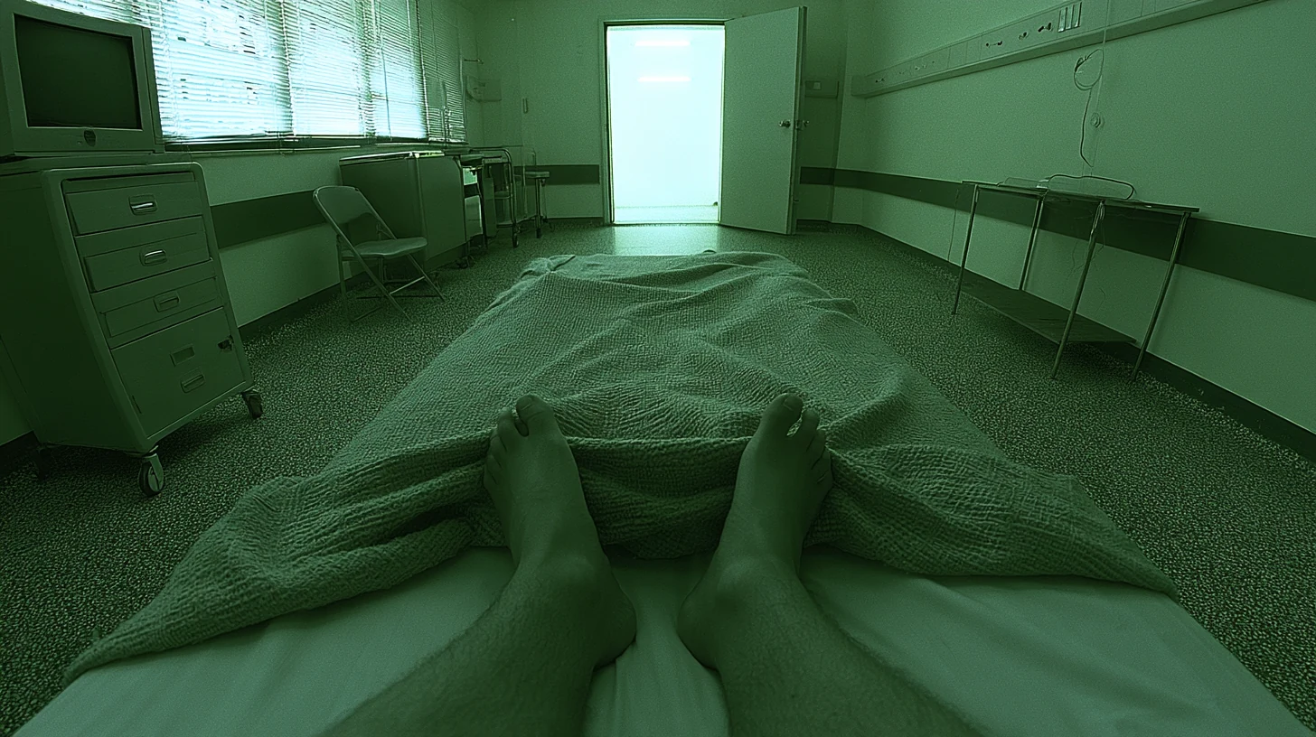 Generated hospital style test with a brightly illuminated doorway and green ward