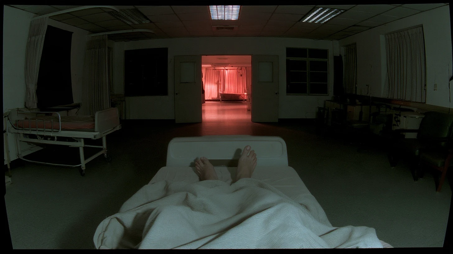 Refined generated opening still with hospital beds and a red-lit adjoining room, seen from the patient's bed