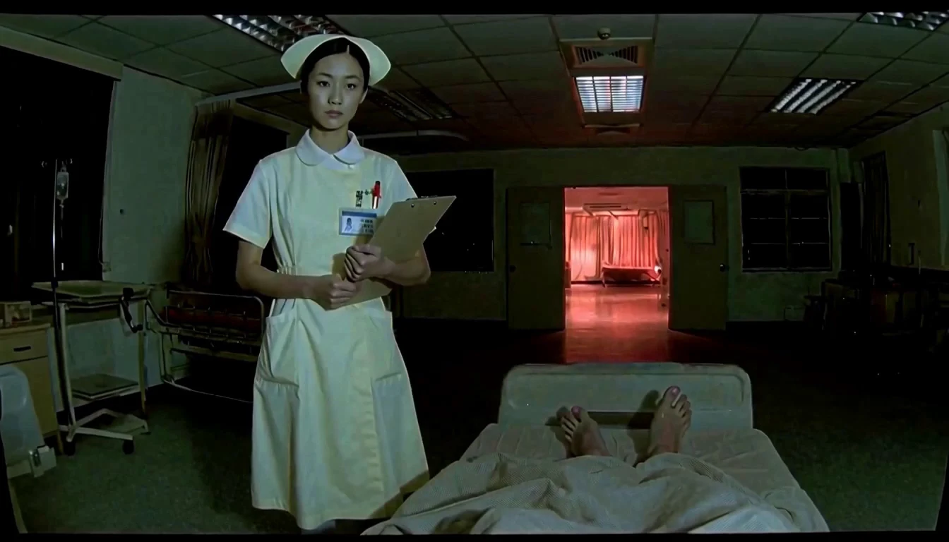 A Nurse waits in the dark hospital ward with a red-lit doorway behind her