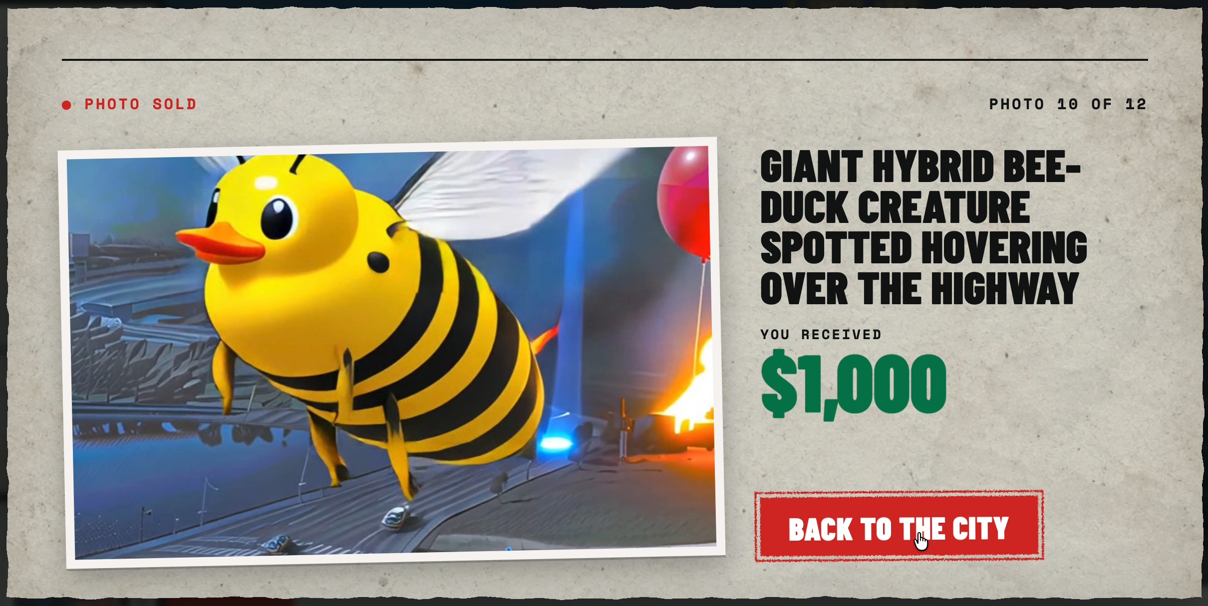 Actual photo-sale panel showing an unexpected bee-duck hybrid, the editor’s headline describing it and a $1,000 payout