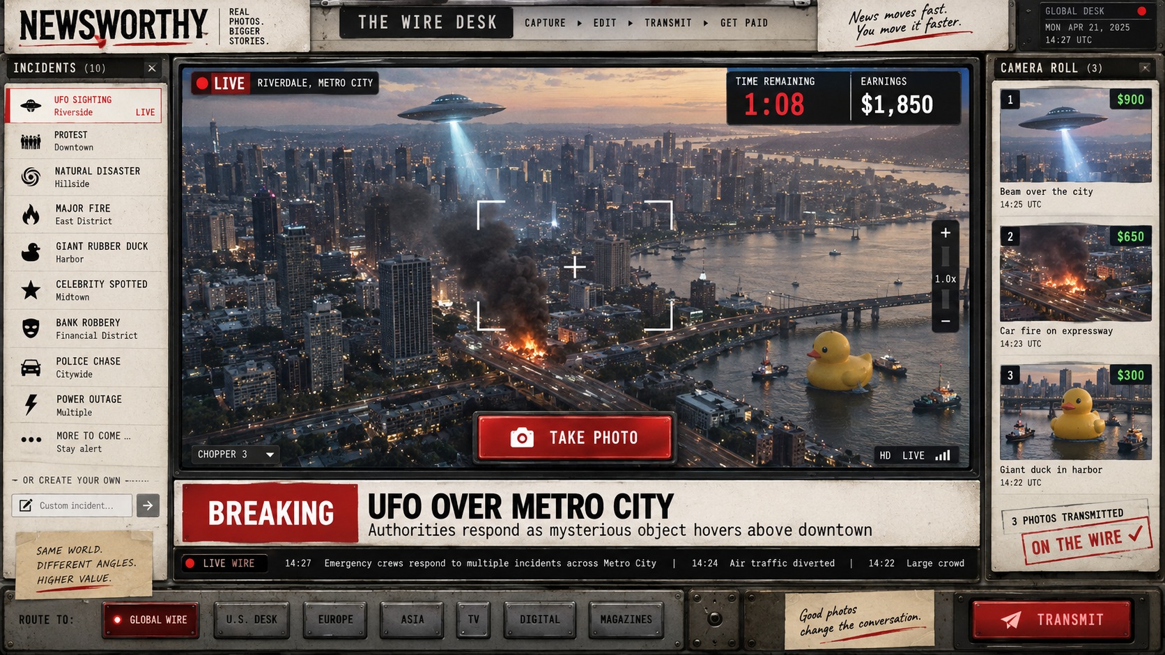 Initial generated newswire-desk interface concept with a separate shutter button and decorative desk objects