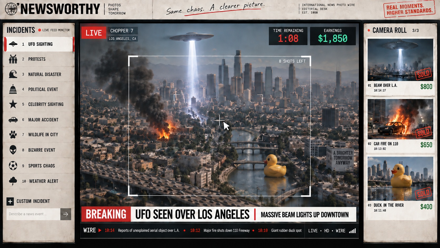 Refined GPT Image newswire concept with a larger camera feed and broadcast graphics inside the image