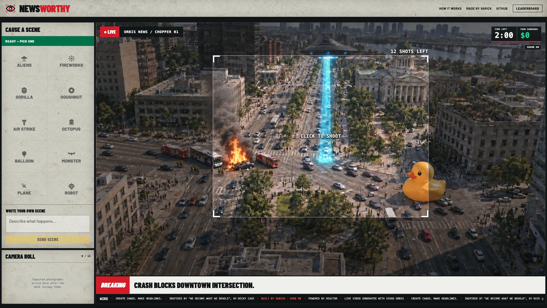 Current Newsworthy interface showing incident presets and an empty camera roll beside the opening city scene and viewfinder