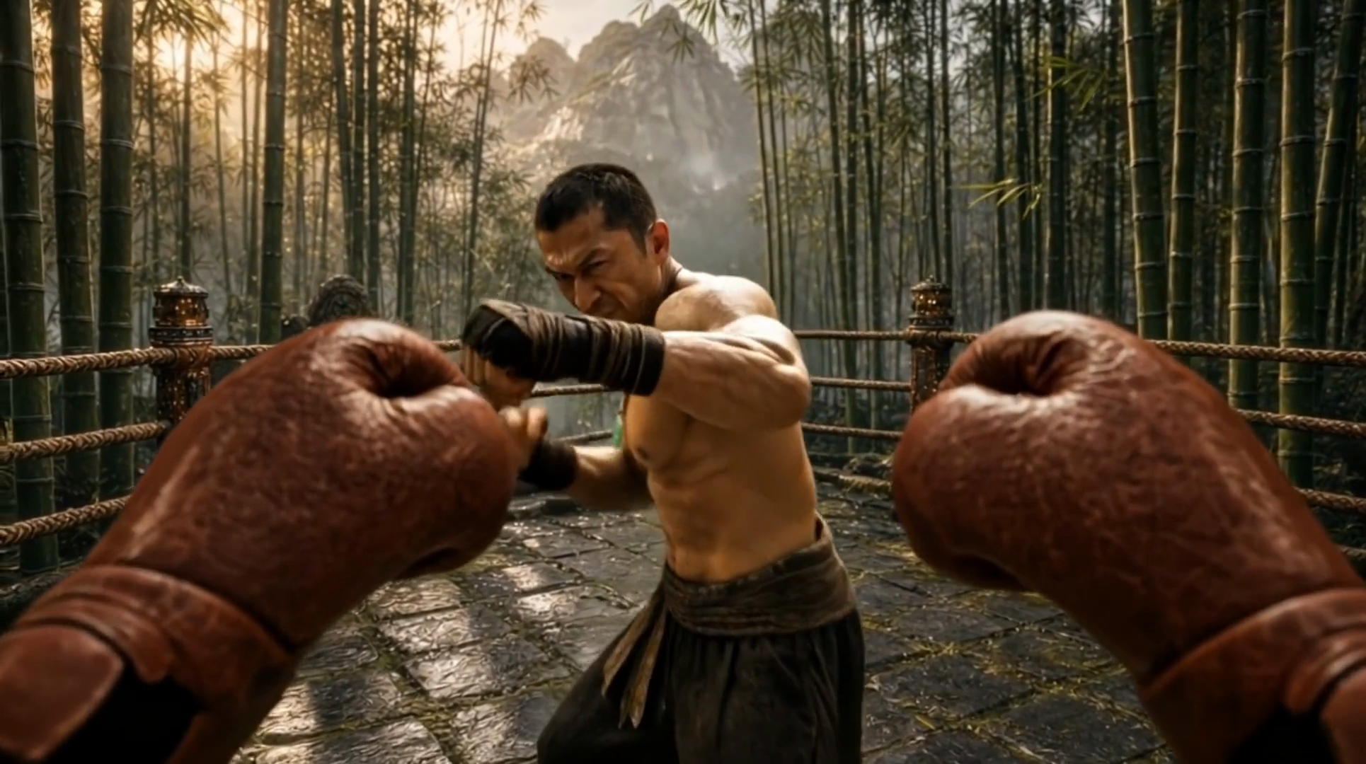 Last frame of the wind-up clip, with the opponent and the player’s gloves in nearly the same pose