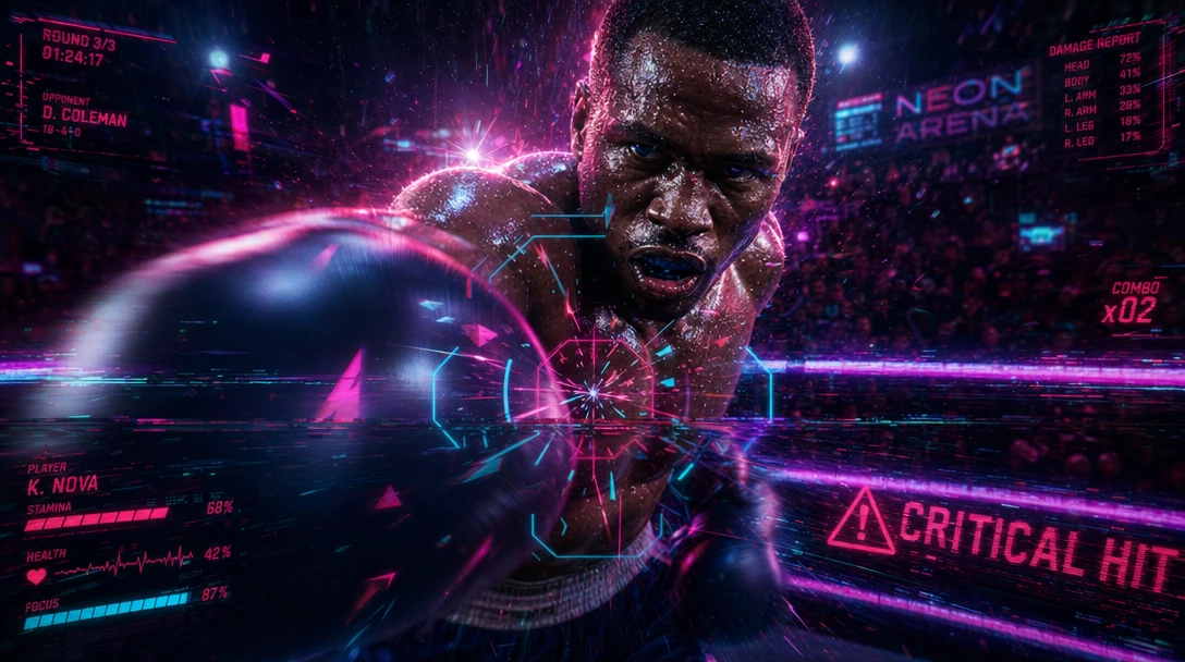 Neon-noir boxing concept with magenta and cyan lighting