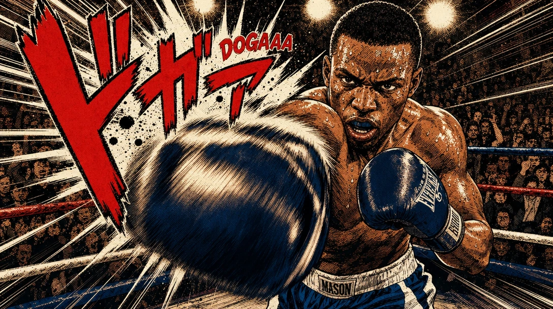 Generated manga-style boxing concept with ink lines and impact lettering