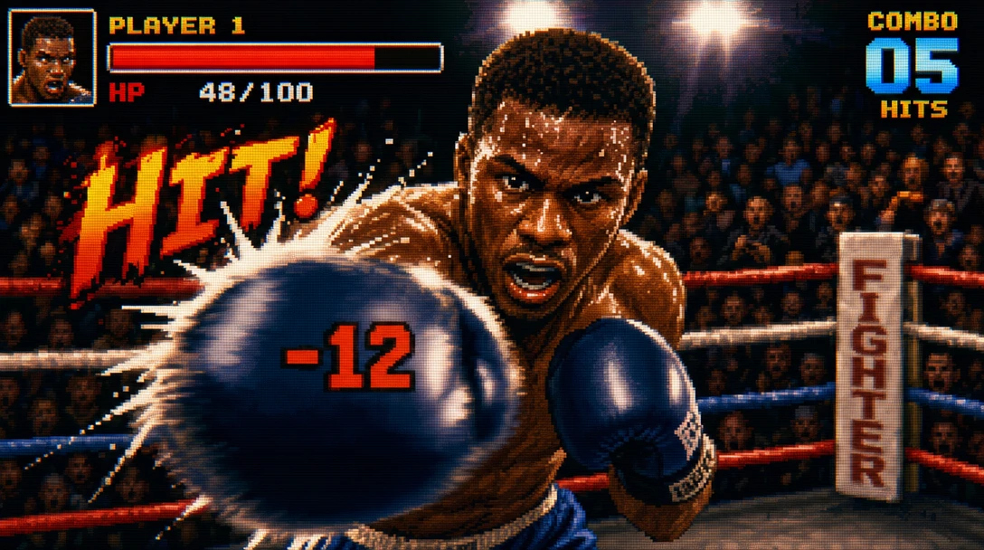 Generated retro arcade boxing concept with pixel-style graphics, a health bar and combo counter