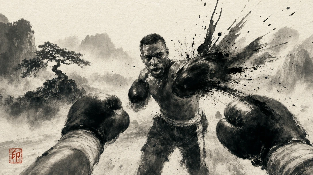 Generated ink-wash boxing concept with brushstroke impact effects