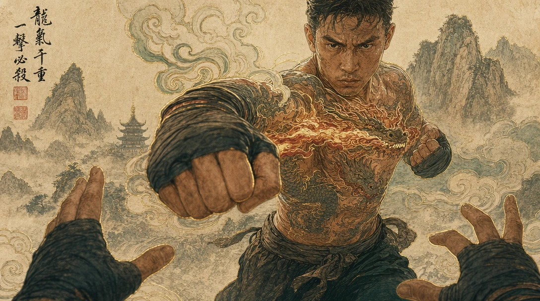 Generated gongbi-inspired boxing concept with fine lines and gold accents
