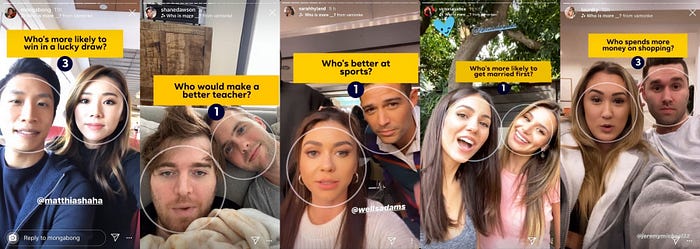 Five Instagram Stories showing pairs of people playing Who Is More, with question banners and face-tracking circles.